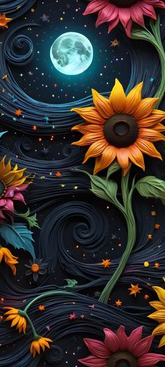 the sunflowers are painted in different colors and sizes, as well as stars