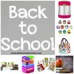 back to school items including an apple, lunch box, books and other personal items