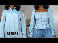 Diy Peplum Top Shirt Refashion, Convert Mens Shirt To Womens Top, Diy Clothes Refashion Shirts, Men's Shirt Refashion, Peplum Tops, Diy Fashion Clothing