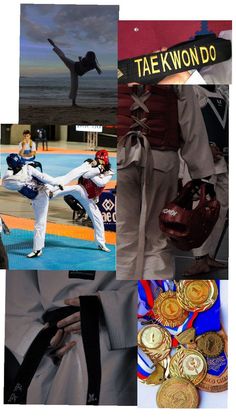 the collage shows several different images of people doing various things in their life, including karate gear and medals