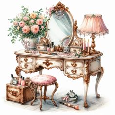 a painting of a dressing table with flowers on it