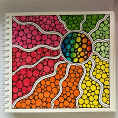 a spiral notebook with an abstract painting on the front and back cover in bright colors