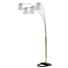 a floor lamp with three lights on top and a black base, in the shape of a