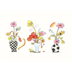 three vases with flowers in them on a white background