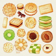 a drawing of different types of cookies and pastries