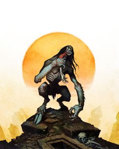 a drawing of a zombie standing on top of a hill with the sun in the background