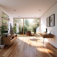 an empty room with wood floors and large windows