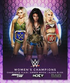 wwe women's champions poster with two female wrestlers in the middle and one woman standing