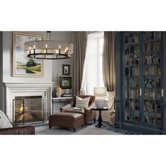 a living room filled with furniture and a fire place in front of a bookcase