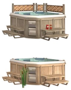 two views of an outdoor hot tub with the top open and bottom closed, side by side