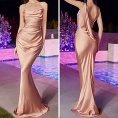 two pictures of a woman in a long dress standing next to a pool at night