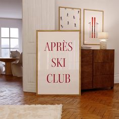 there is a sign that says apres ski club next to a table with chairs