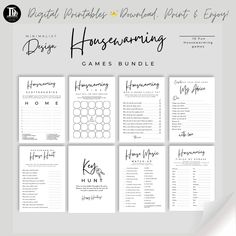 the digital printable wedding game bundle is shown in black and white, with handwritten text