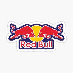 the red bull logo sticker is shown in blue, yellow and red with two bulls on