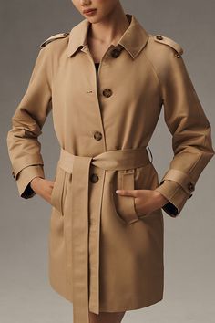 Polyester; polyester lining Side slant pockets Button front Spot clean Imported | Belted Trench Coat Jacket by Ellen Tracy in Beige, Women's, Size: Largearge, Polyester at Anthropologie Career Outerwear With Notch Lapel And Hidden Button, Career Outerwear With Hidden Button Closure And Notch Lapel, Career Outerwear With Notch Lapel And Pockets, Classic Office Outerwear With Pockets, Classic Spring Outerwear With Double Button Closure, Classic Fall Outerwear With Button Closure, Classic Outerwear With Double Button For Spring, Double-breasted Gabardine Outerwear For Work, Classic Outerwear For Office With Hidden Button Closure