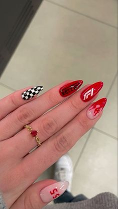 Car Racing Nails Designs, Nails For A Concert, Car Inspired Nails, Race Car Nails Designs, Car Nails Designs, Car Nail Art, Race Car Nails, Mclaren Nails, Formula 1 Nails