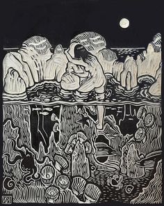 a black and white drawing of people in the water