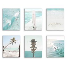 four pictures of surfboards and people in the water with palm trees on the beach