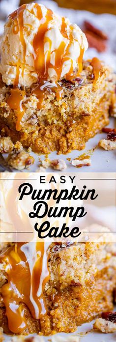 easy pumpkin dump cake with ice cream and caramel drizzled on top