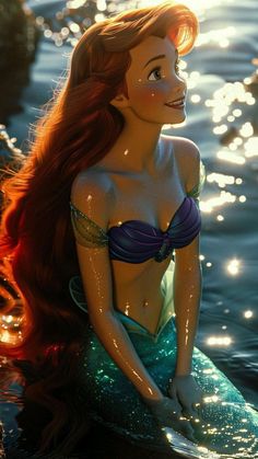 the little mermaid is sitting in the water