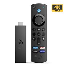 an image of a remote control with the tv on it's side and 4k plus stick next to it