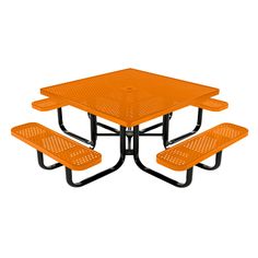 an orange picnic table with four benches on each side and one bench at the end