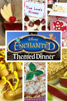 Enchanted Themed Dinner and Movie Night Disney Enchanted Themed Party, Princess Diaries Dinner And Movie, Themed Movie Dinner, Encanto Movie Night Food, Disney Movie Inspired Food, Enchanted Movie Night