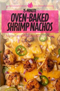 an overhead view of baked shrimp nachos with jalapenos