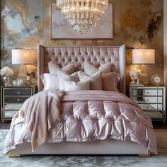 a bedroom with a chandelier and pink bedding in front of a painting