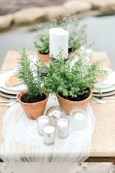 the table is set with candles and potted plants