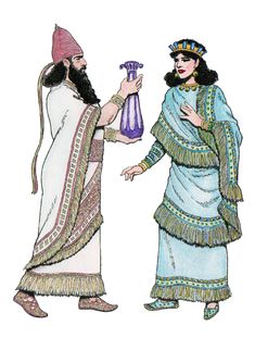 two men dressed in ancient clothing, one holding a vase