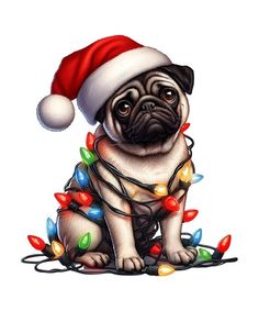 a pug dog wearing a santa hat and christmas lights on its chest sitting down