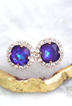 Purple Earrings, Ultra Violet Earrings, Christmas Gift, Dark Purple Earrings,Bridal Purple Studs, Bridesmaids Gifts, Swarovski Crystal Studs These handmade cushion cut shape Swarovski Earrings 18k plated over brass is designed to make an impact set with black diamond Crystal and finished with white small clear crystal halo An elegant way to finish the day or evening looks to sweep your hair to the side to showcase. Petite Delights is an Official SWAROVSKI® Branding Partner Official Swarovski Ele Dark Purple Earrings, Galaxy Wedding, Violet Earrings, Crystal Bridal Earrings, Necklaces Gold, Luxury Earrings, Halo Earrings Studs, Purple Earrings, Earrings Christmas