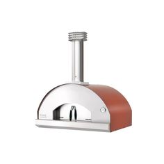 an outdoor pizza oven with red and white trimmings on the front, in stainless steel