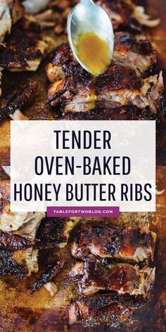 tender oven baked honey butter ribs on a wooden cutting board with a spoon in it