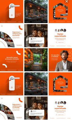 an orange and white brochure with many different images