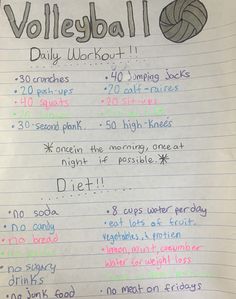 a handwritten volleyball workout list on lined paper