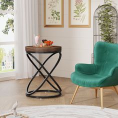 a living room with two chairs and a table in the corner, one has a bird on it