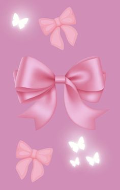 three pink bows and two butterflies on a purple background with light effects in the middle