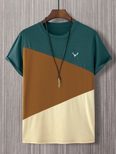 Men Colorblock Antler Embroidery Tee Without Necklace Multicolor Casual  Short Sleeve Fabric Colorblock  Slight Stretch Summer Men Clothing, size features are:Bust: ,Length: ,Sleeve Length: Antler Embroidery, Cool Shirt Designs, Trendy Shirt Designs, Color Block Tee, Guys Clothing Styles, Cool Outfits For Men, Mens Casual Dress, Summer Outfits Men, Trendy Shirts