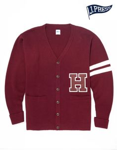 HARVARD VARSITY CARDIGAN - BURGUNDY Cotton V-neck Sweater For College, Varsity Style Long Sleeve Sweater For Fall, Winter Varsity Cardigan, Varsity Style Winter Cardigan For College, Varsity Cardigan With Ribbed Cuffs, Varsity Cardigan For Winter College Season, Red Cotton Crew Neck Cardigan, Red Crew Neck Cotton Cardigan, Varsity Style Cardigan For College In Winter