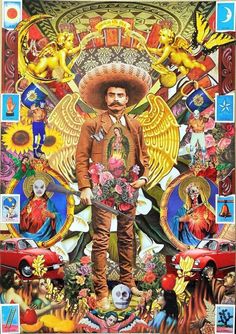 a painting of a mexican man standing in front of an image of people and animals