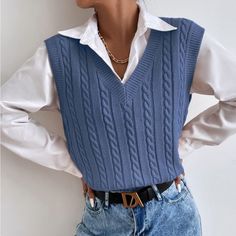 Never Worn. Really Good Quality And Super Soft Although It’s From Shein. Blue No Sleeve Sweater, Where To Buy Sweater Vest, Cable Knit Sweater Vest Blue, Sweater Shirt Combo Women, Blue Vest Outfit, Knit Vest Outfit, Vest Outfits For Women, Cable Knit Sweater Vest