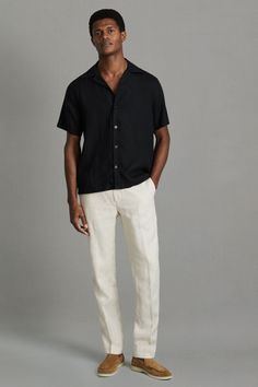 Find REISS Beldi Relaxed Linen Cuban Collar Shirt on Editorialist. The Beldi cuban-collar shirt is made from lightweight linen with a natural texture. It's designed in a relaxed fit that falls straight against the body. 100% linen. Cuban collar. Button-front closure. Relaxed fit Mens Short Sleeve Shirt Outfits, Black Linen Shirt Men, Short Sleeve Shirt Outfit, Black Linen Shirt, Cuban Shirts, Denim Essentials, Black Knit Dress, Linen Shirt Men, Mens Short Sleeve Shirt