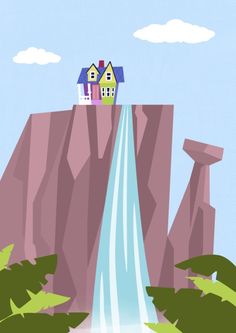 a house sitting on top of a cliff next to a waterfall