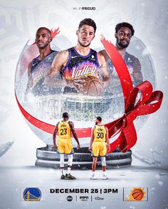 two basketball players standing in front of a christmas ornament