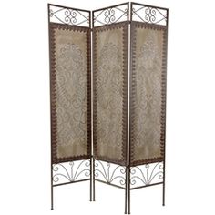 a room divider with an intricate design on the top and bottom panel, in bronze