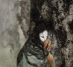 a drawing of a woman with long hair holding an orange object in front of her face