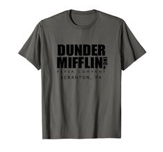 a grey t - shirt with the words dunder mifflin in black on it