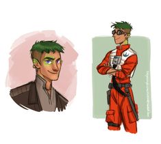 two cartoon characters, one with green hair and the other wearing red